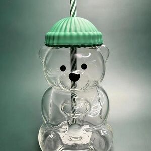 Viral Clear Glass Bear Cup with Green Lid and Straw, Bearista
